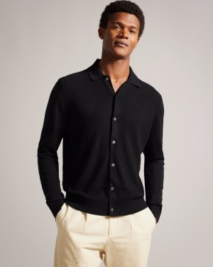 Black Men's Ted Baker Oidar LS Revere Collar Knitted Polo Shirt Price In India | U9D-6939