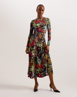 Black Women's Ted Baker Alexann Printed Long Sleeved Dress Price In India | M2F-9054