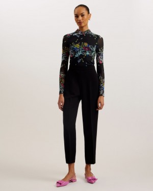 Black Women's Ted Baker Amandha Printed Mesh Long Sleeve Top Price In India | F8Y-7190