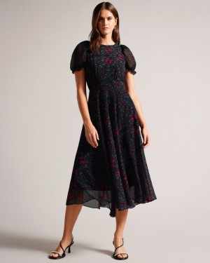 Black Women's Ted Baker Daniaa Graduated Midi Dress with Ruched Puff Sleeve Dress Price In India | L4M-1748