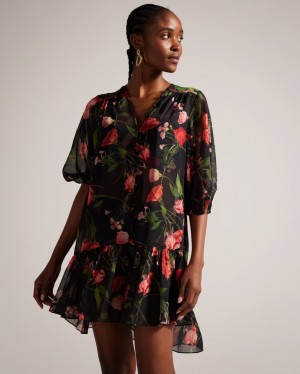 Black Women's Ted Baker Emileee Plunge Cover Up With Button Details Dress Price In India | Q4I-8362