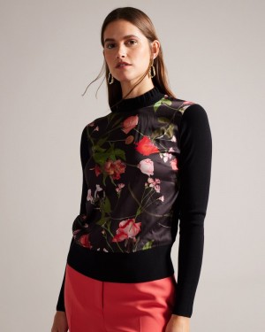 Black Women's Ted Baker Frasiee Woven Front Sweater Price In India | H1F-9566