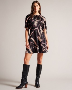 Black Women's Ted Baker Gilliaa Printed Mini Fit and Flare with Puff Sleeve Dress Price In India | S9P-1839