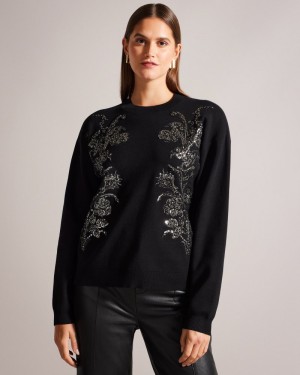 Black Women's Ted Baker Hazlie Embellished Sweater Price In India | G6T-2666