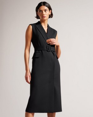 Black Women's Ted Baker Indiyad Exaggerated Shoulder Sleeveless Midi Dress Price In India | D1F-4667