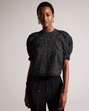 Black Women's Ted Baker Ingriid Boxy Puffed Sleeve Top Price In India | H7G-7376