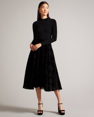 Black Women's Ted Baker Julyiet Knit Bodice Velvet Midi Dress Price In India | Z0C-0372