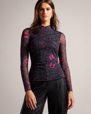 Black Women's Ted Baker Kamill Mesh Fitted Top with High Neck Tops Price In India | R3Y-2322