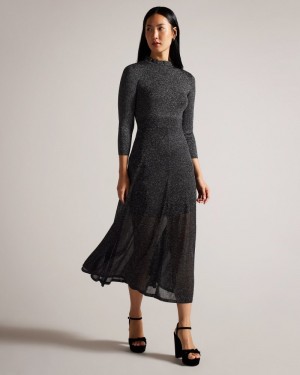 Black Women's Ted Baker Kannie Metallic Knitted Dress Price In India | R8H-2490