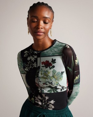 Black Women's Ted Baker Lareana Mesh Top with Baby Lock Seams Tops Price In India | O5M-2451