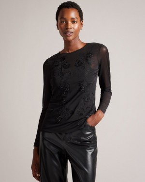 Black Women's Ted Baker Larizaa Embroidered Mesh Top with Printed Cami Tops Price In India | G4E-3302