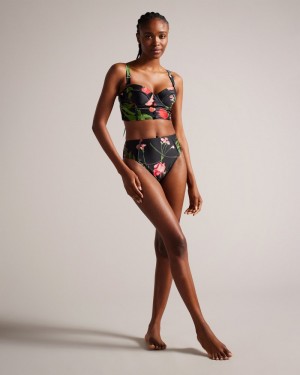 Black Women's Ted Baker Lusiye Printed Longline Bikini Top Price In India | H0O-2953