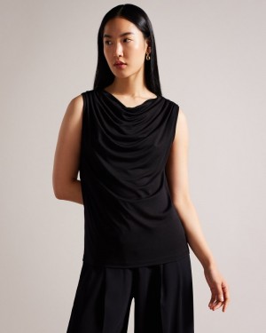 Black Women's Ted Baker Margeta Circle Cut Draped Top Price In India | O3Z-8554