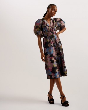 Black Women's Ted Baker Matsea Button Front Jacquard Midi Dress Price In India | Z2D-7555