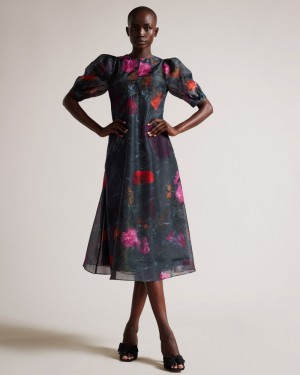 Black Women's Ted Baker Mekayla Empire Line Midi Dress with Puff Sleeve Dress Price In India | U7W-5295