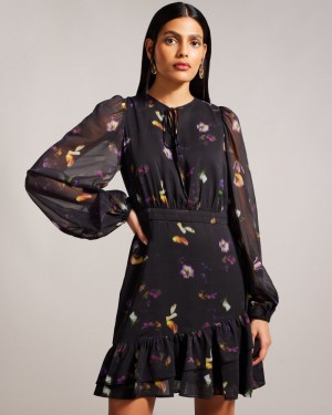 Black Women's Ted Baker Nikaii Ruffle Asymmetric Mini Dress Price In India | G5Y-7319