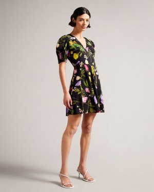 Black Women's Ted Baker Opallie Mini Puff Sleeve Tea Dress Price In India | M4U-4630