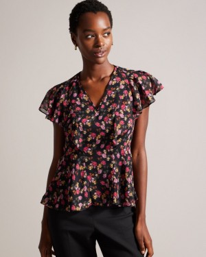 Black Women's Ted Baker Riivia Angel Sleeve Peplum Top Price In India | B2H-8105