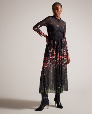 Black Women's Ted Baker Susenaa Printed Mesh Dress with Ruffle Neck Dress Price In India | L5V-9579