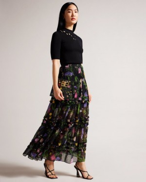 Black Women's Ted Baker Thieaa Micro Ruffle Tiered Midaxi Skirt Price In India | H4Y-2963