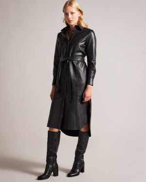 Black Women's Ted Baker Tyrraah Leather Shirt Dress Price In India | F3Z-4329