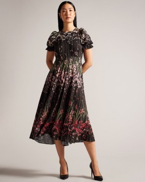 Black Women's Ted Baker Zahrria High Low Hem Dress with Puff Sleeve Dress Price In India | Y6C-2896