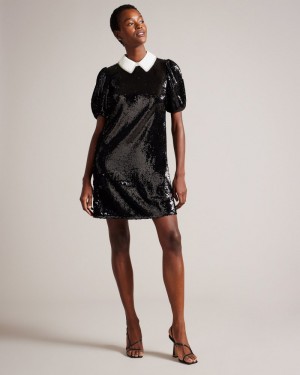 Black Women's Ted Baker Zarell Sequin Shift Dress with Puff Sleeves Dress Price In India | E8V-8773