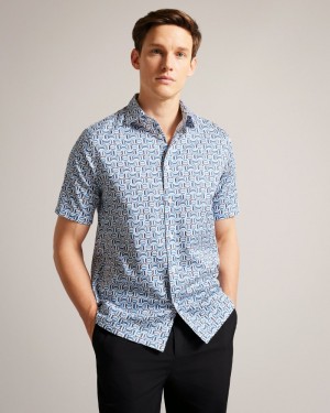 Blue Men's Ted Baker Astun SS Cotton Stretch Geo Shirt Price In India | G1O-2506