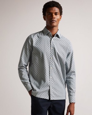 Blue Men's Ted Baker Sanlon LS Diamond Geo Print Shirt Price In India | I1W-0648