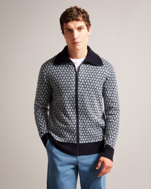 Blue Men's Ted Baker Teeflow LS Regular Zip Through Knit Tops Price In India | D8J-8868