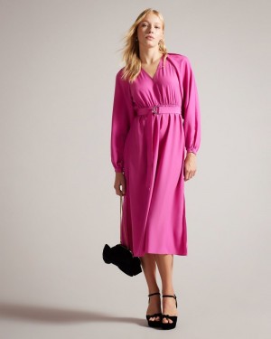 Bright Pink Women's Ted Baker Comus Midi Shirt Dress with Gathered Neck Dress Price In India | D7T-8302