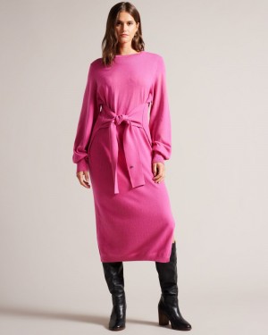 Bright Pink Women's Ted Baker Essya Slouchy Tie Front Midi Knit Dress Price In India | K9Q-3552