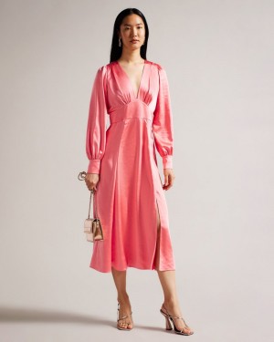 Coral Women's Ted Baker Daniia Waisted Midi Dress with Blouson Sleeve Dress Price In India | H7T-4528