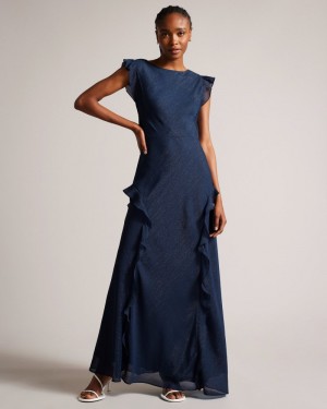 Dark Blue Women's Ted Baker Laurae Bias Cut Maxi Dress with Ruffle Detail Dress Price In India | R9Z-5609