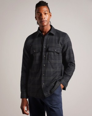 Dark Green Men's Ted Baker Chieti LS Textured Check Over Shirt Price In India | F1M-1313