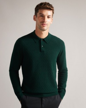 Dark Green Men's Ted Baker Patter LS Knitted Polo Shirt Price In India | O1P-5234