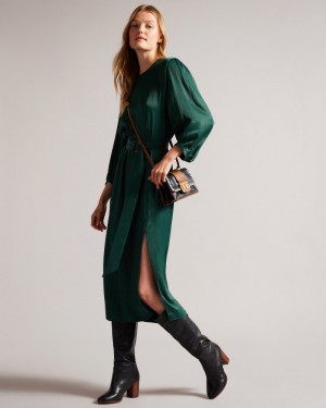 Dark Green Women's Ted Baker Josina Belted Midi Dress with Exaggerated Shoulder Dress Price In India | B7N-3000