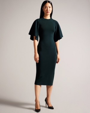 Dark Green Women's Ted Baker Lounia Fluted Sleeve Knitted Bodycon Midi Dress Price In India | Q5C-2955