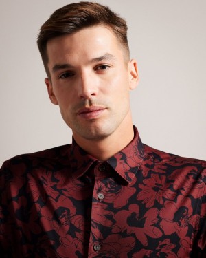 Dark Red Men's Ted Baker Boleena LS Bold Floral Shirt Price In India | Y7Z-1804