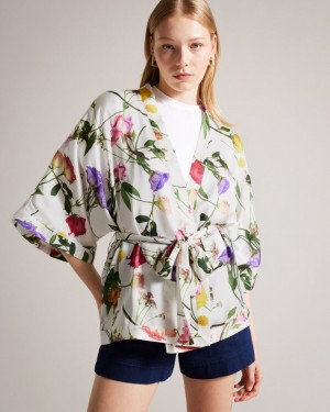 Ecru Women's Ted Baker Paulaah Floral Printed Kimono Price In India | R4T-0486