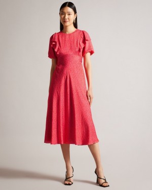 Fuchsia Women's Ted Baker Mayyia Puff Sleeve Ruffle Midi Dress Price In India | H8N-3680