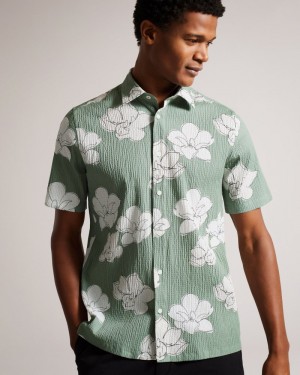 Green Men's Ted Baker Coving Short Sleeve Seersucker Floral Print Shirts Price In India | B8N-6594