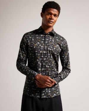 Grey Men's Ted Baker Torted LS Floral Print Shirt Price In India | B8Z-2701