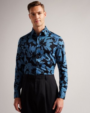 Mid Blue Men's Ted Baker Altlo LS Floral Print Shirt Price In India | P6S-3509