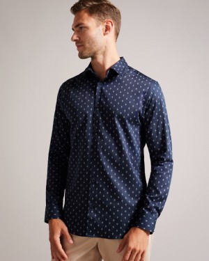 Navy Men's Ted Baker Ardea LS Pen Dot Geo Print Shirt Price In India | R6G-5354