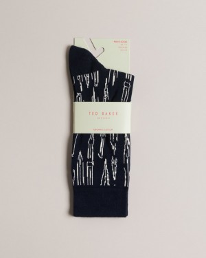 Navy Men's Ted Baker Boilin Pen Pattern Sock Price In India | R7N-6351