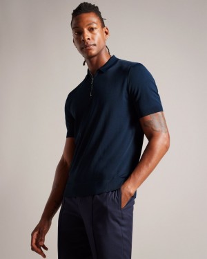 Navy Men's Ted Baker Daldin SS Rayon Zip Polo Shirt Price In India | P3G-6463