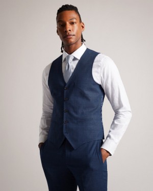 Navy Men's Ted Baker Drydenw Navy Check Waistcoat Suits Price In India | Y1P-9297