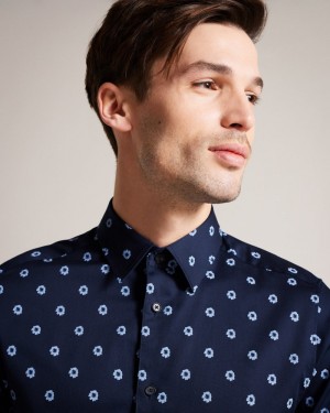 Navy Men's Ted Baker Kymsho Short Sleeve Ditsy Floral Shirt Price In India | O9S-8469