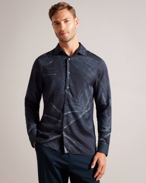 Navy Men's Ted Baker Loreto LS Large Dragonfly Shirt Price In India | H9Z-9762